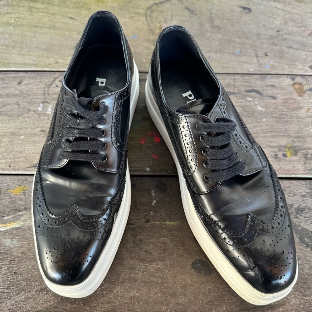 Prada Black Leather Oxfords with White Soles